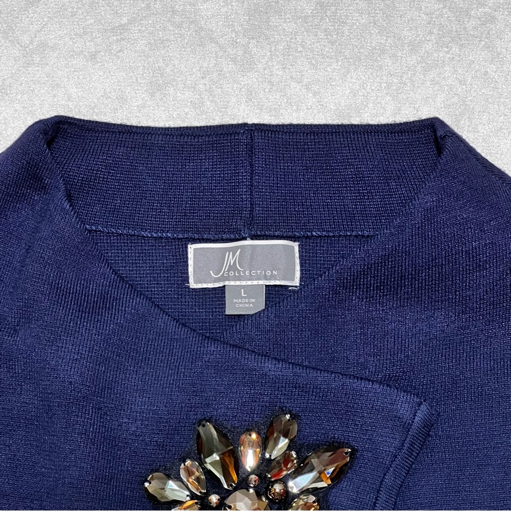 JM Collection Navy Blue Wrap Front Brooch Cardigan, Size Large - Picture 7 of 12